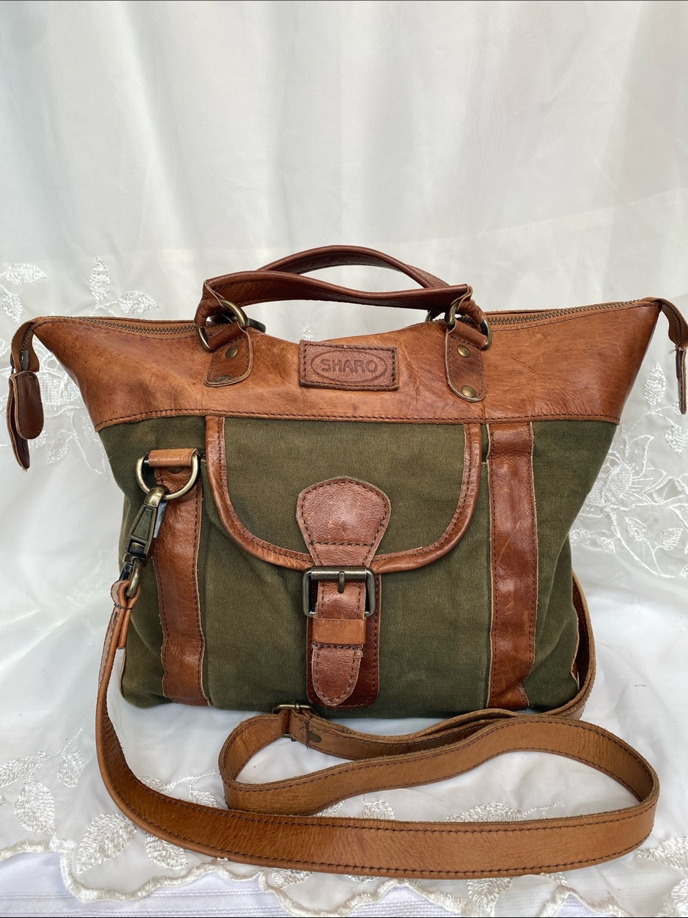 Olive Green Canvas & Brown Leather Messenger Bag